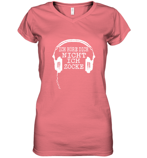 rjxx ich hore dich nicht ich zocke headphone women v neck t shirt 39 front coral