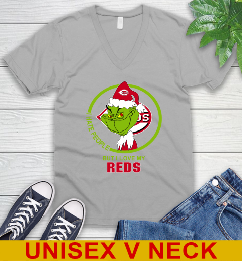 Cincinnati Reds MLB Christmas Grinch I Hate People But I Love My Favorite Baseball Team V-Neck T-Shirt 4