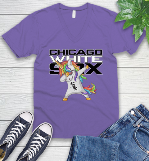 Chicago White Sox MLB Baseball Funny Unicorn Dabbing Sports V-Neck T-Shirt 10