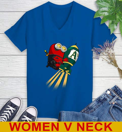 MLB Baseball Oakland Athletics Deadpool Minion Marvel Shirt Women's V-Neck T-Shirt 9