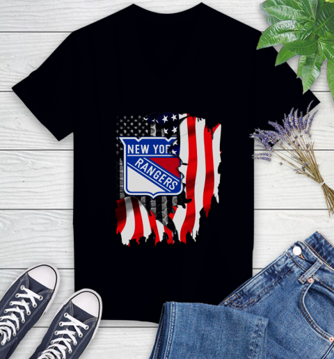 New York Rangers NHL Hockey American Flag Women's V-Neck T-Shirt