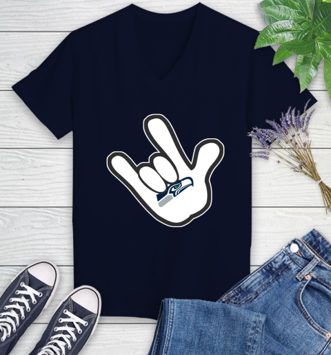 Seattle Seahawks NFL Football Mickey Rock Hand Disney Women's V-Neck T-Shirt 3