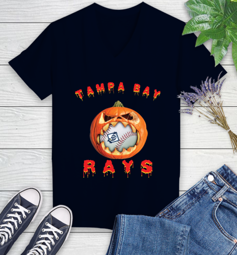 MLB Tampa Bay Rays Halloween Pumpkin Baseball Sports Women's V-Neck T-Shirt 3
