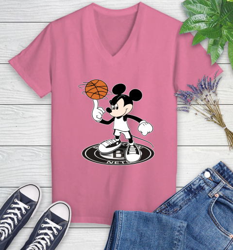 NBA Basketball Brooklyn Nets Cheerful Mickey Disney Shirt Women's V-Neck T-Shirt 11