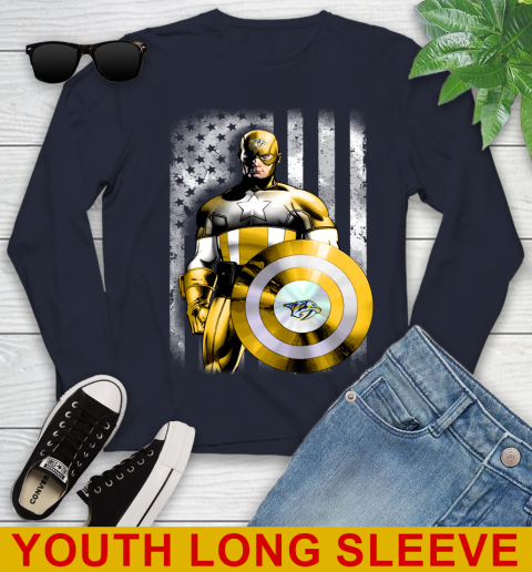Nashville Predators NHL Hockey Captain America Marvel Avengers American Flag Shirt Youth Long Sleeve 2