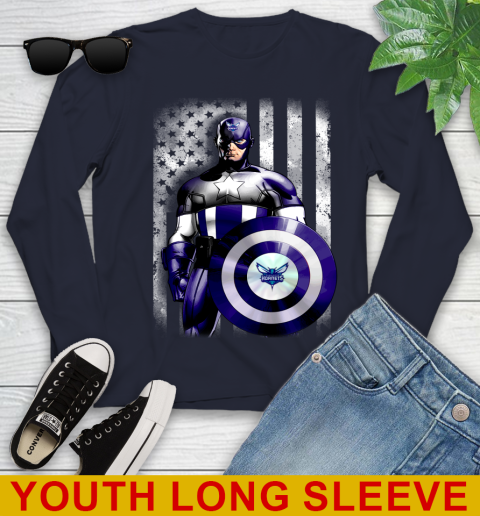 Charlotte Hornets NBA Basketball Captain America Marvel Avengers American Flag Shirt Youth Long Sleeve 2