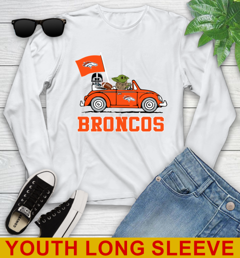 NFL Football Denver Broncos Darth Vader Baby Yoda Driving Star Wars Shirt Youth Long Sleeve