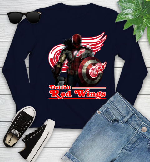 NHL Captain America Thor Spider Man Hawkeye Avengers Endgame Hockey Detroit Red Wings Youth Long Sleeve 3