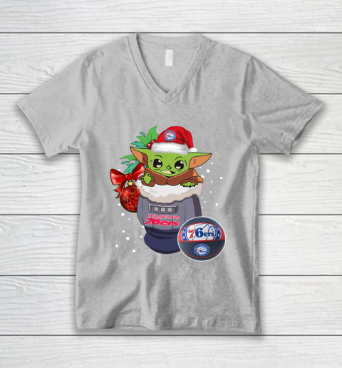 Philadelphia 76ers Christmas Baby Yoda Star Wars Funny Happy NBA V-Neck T-Shirt 4