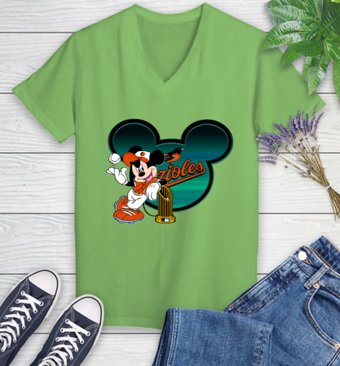 MLB Baltimore Orioles The Commissioner's Trophy Mickey Mouse Disney Women's V-Neck T-Shirt 11