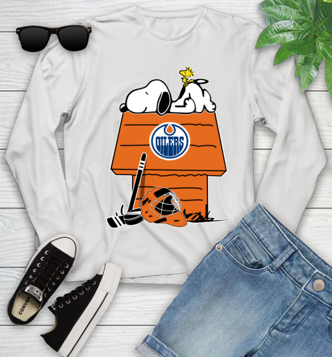 Edmonton Oilers NHL Hockey Snoopy Woodstock The Peanuts Movie Youth Long Sleeve