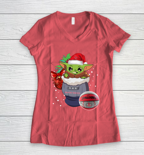 Houston Rockets Christmas Baby Yoda Star Wars Funny Happy NBA Women's V-Neck T-Shirt 6