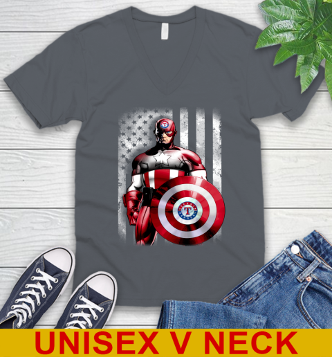 Texas Rangers MLB Baseball Captain America Marvel Avengers American Flag Shirt V-Neck T-Shirt 4