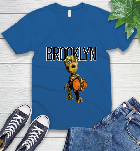 Brooklyn Nets NBA Basketball Groot Marvel Guardians Of The Galaxy V-Neck T-Shirt 6