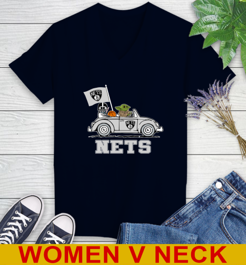 NBA Basketball Brooklyn Nets Darth Vader Baby Yoda Driving Star Wars Shirt Women's V-Neck T-Shirt 3