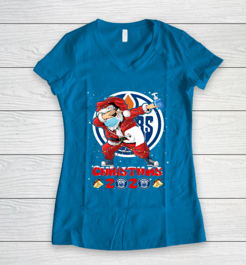 Edmonton Oilers Funny Santa Claus Dabbing Christmas 2020 NHL Women's V-Neck T-Shirt 5