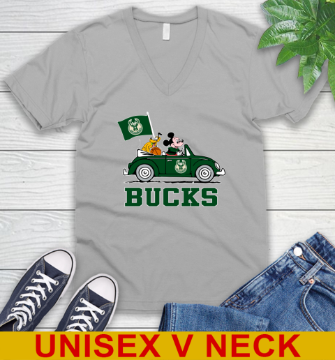 NBA Basketball Milwaukee Bucks Pluto Mickey Driving Disney Shirt V-Neck T-Shirt 4