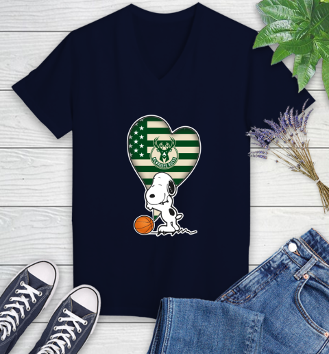 Milwaukee Bucks NBA Basketball The Peanuts Movie Adorable Snoopy Women's V-Neck T-Shirt 3