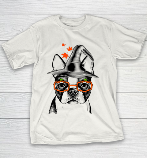 Cute Boston Terrier Witch Pumpkin Fall Halloween Dog Youth T-Shirt