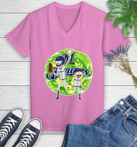 MLB Milwaukee Brewers Rick And Morty Commissioner's Trophy Baseball Sports Women's V-Neck T-Shirt 14