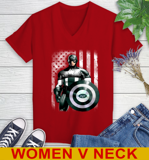 New York Jets NFL Football Captain America Marvel Avengers American Flag Shirt Women's V-Neck T-Shirt 10
