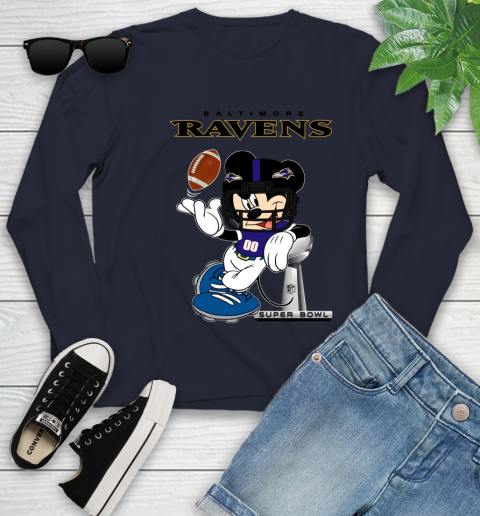NFL Baltimore Ravens Mickey Mouse Disney Super Bowl Football T Shirt Youth Long Sleeve 3