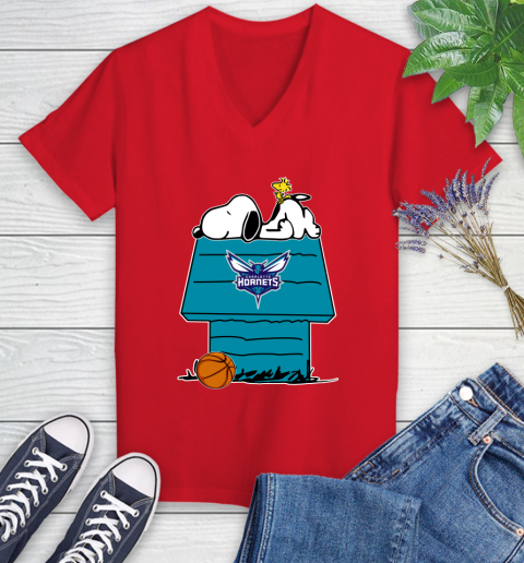 Charlotte Hornets NBA Basketball Snoopy Woodstock The Peanuts Movie Women's V-Neck T-Shirt 12