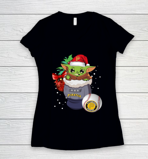 Pittsburgh Pirates Christmas Baby Yoda Star Wars Funny Happy MLB Women's V-Neck T-Shirt