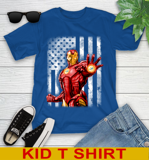 Miami Dolphins NFL Football Iron Man Avengers American Flag Shirt Youth T Shirt Tee For Sports