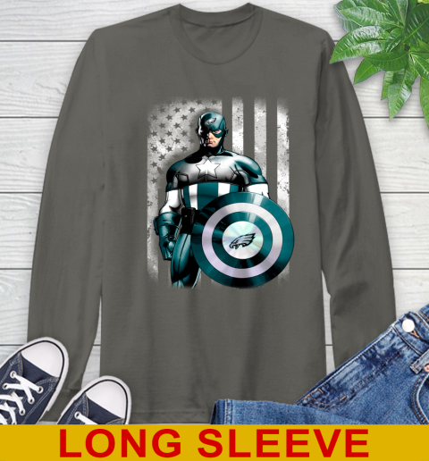Philadelphia Eagles NFL Football Captain America Marvel Avengers American Flag Shirt Long Sleeve T-Shirt - Image 11