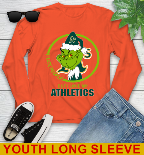 Oakland Athletics MLB Christmas Grinch I Hate People But I Love My Favorite Baseball Team Youth Long Sleeve 4