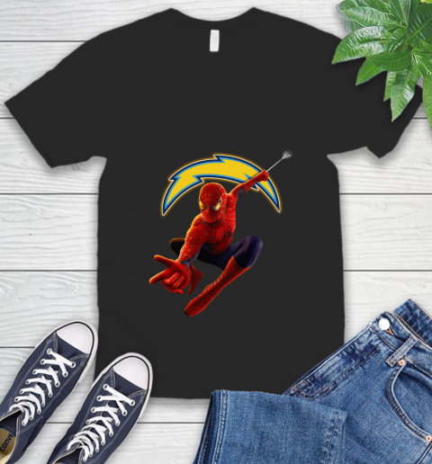 NFL Spider Man Avengers Endgame Football Los Angeles Chargers V-Neck T-Shirt 3 NFL Spider Man Avengers Endgame Football Los Angeles Chargers V-Neck T-Shirt - Image 3