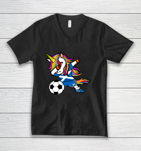 Dabbing Unicorn Scotland Football Scottish Flag Soccer V-Neck T-Shirt