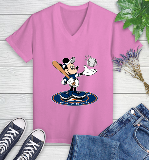MLB Baseball Houston Astros Cheerful Mickey Disney Shirt Women's V-Neck T-Shirt 12