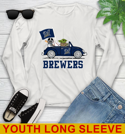 MLB Baseball Milwaukee Brewers Darth Vader Baby Yoda Driving Star Wars Shirt Youth Long Sleeve 12