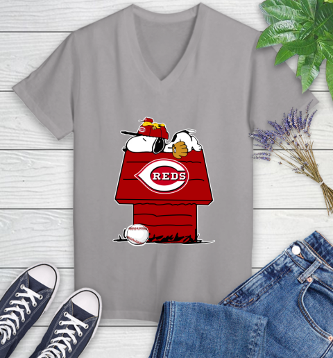 MLB Cincinnati Reds Snoopy Woodstock The Peanuts Movie Baseball T Shirt Women's V-Neck T-Shirt 4