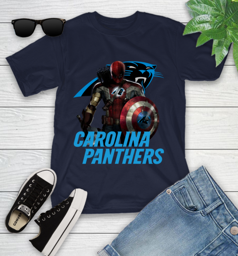 NFL Captain America Thor Spider Man Hawkeye Avengers Endgame Football Carolina Panthers Youth T-Shirt 3
