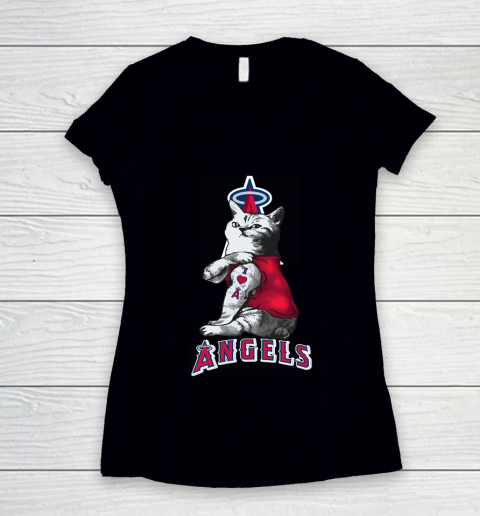 MLB Baseball My Cat Loves Los Angeles Angels Women's V-Neck T-Shirt