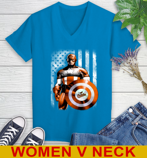 Baltimore Orioles MLB Baseball Captain America Marvel Avengers American Flag Shirt Women's V-Neck T-Shirt 7