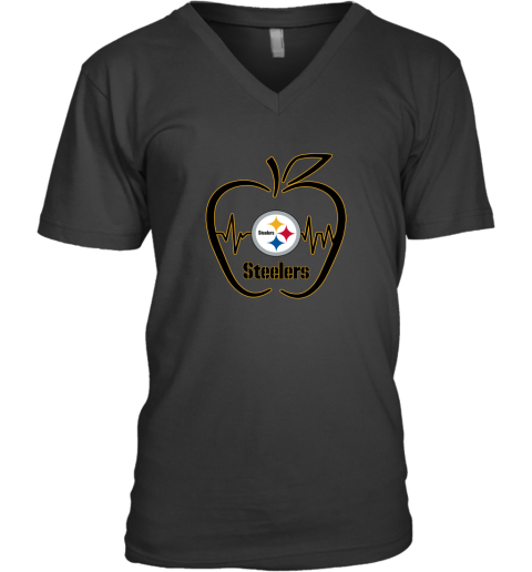 Apple Heartbeat Teacher Symbol Pittsburg Steelers V-Neck T-Shirt