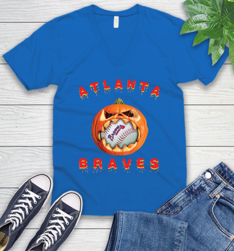 MLB Atlanta Braves Halloween Pumpkin Baseball Sports V-Neck T-Shirt 6