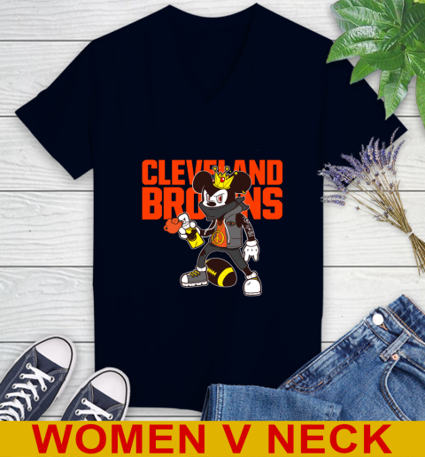 Cleveland Browns NFL Football Mickey Peace Sign Sports Women's V-Neck T-Shirt 3