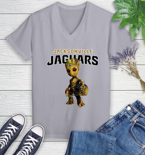 Jacksonville Jaguars NFL Football Groot Marvel Guardians Of The Galaxy Women's V-Neck T-Shirt 4