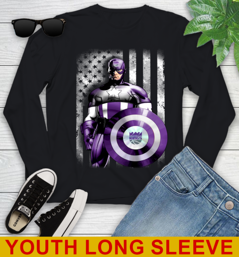 Sacramento Kings NBA Basketball Captain America Marvel Avengers American Flag Shirt Youth Long Sleeve