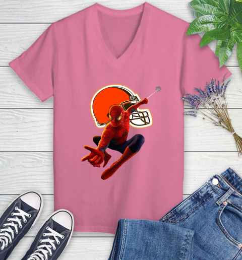 NFL Spider Man Avengers Endgame Football Cleveland Browns Women's V-Neck T-Shirt 13