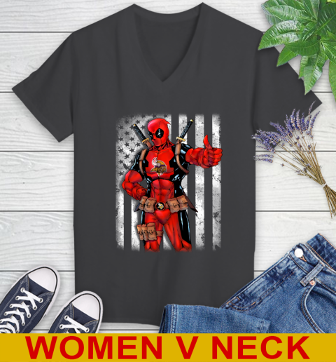 NFL Football Minnesota Vikings Deadpool American Flag Shirt Women's V-Neck T-Shirt 8