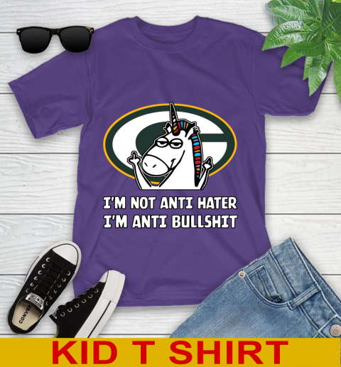 Green Bay Packers NFL Football Unicorn I'm Not Anti Hater I'm Anti Bullshit Youth T-Shirt 4