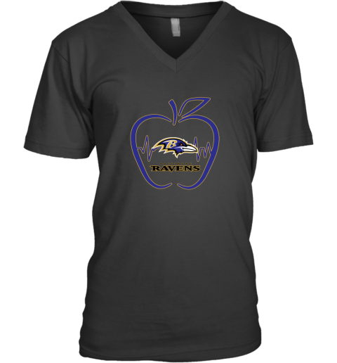 Apple Heartbeat Teacher Symbol Baltimore Ravens V-Neck T-Shirt