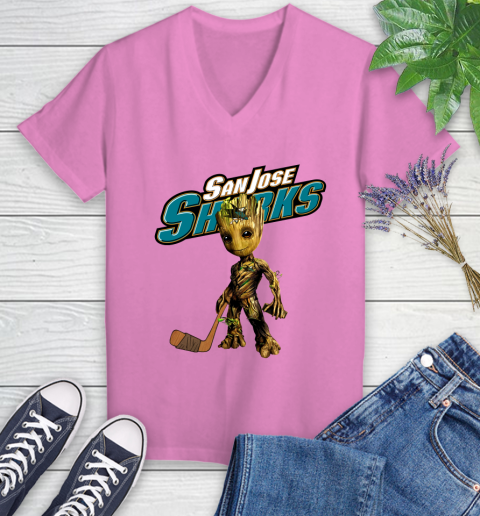 San Jose Sharks NHL Hockey Groot Marvel Guardians Of The Galaxy Women's V-Neck T-Shirt 14