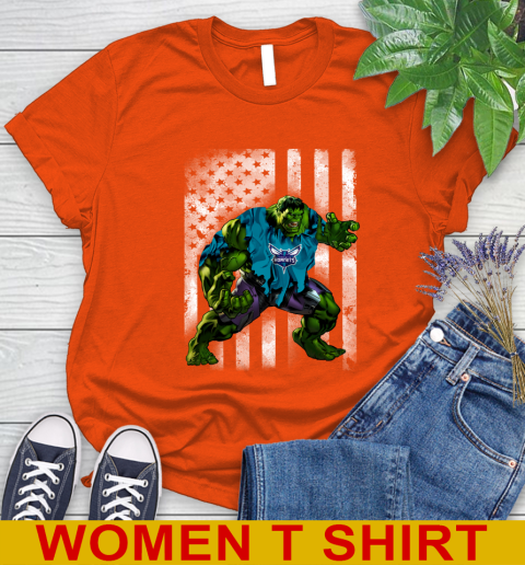 Charlotte Hornets Hulk Marvel Avengers NBA Basketball American Flag Women's T-Shirt 3